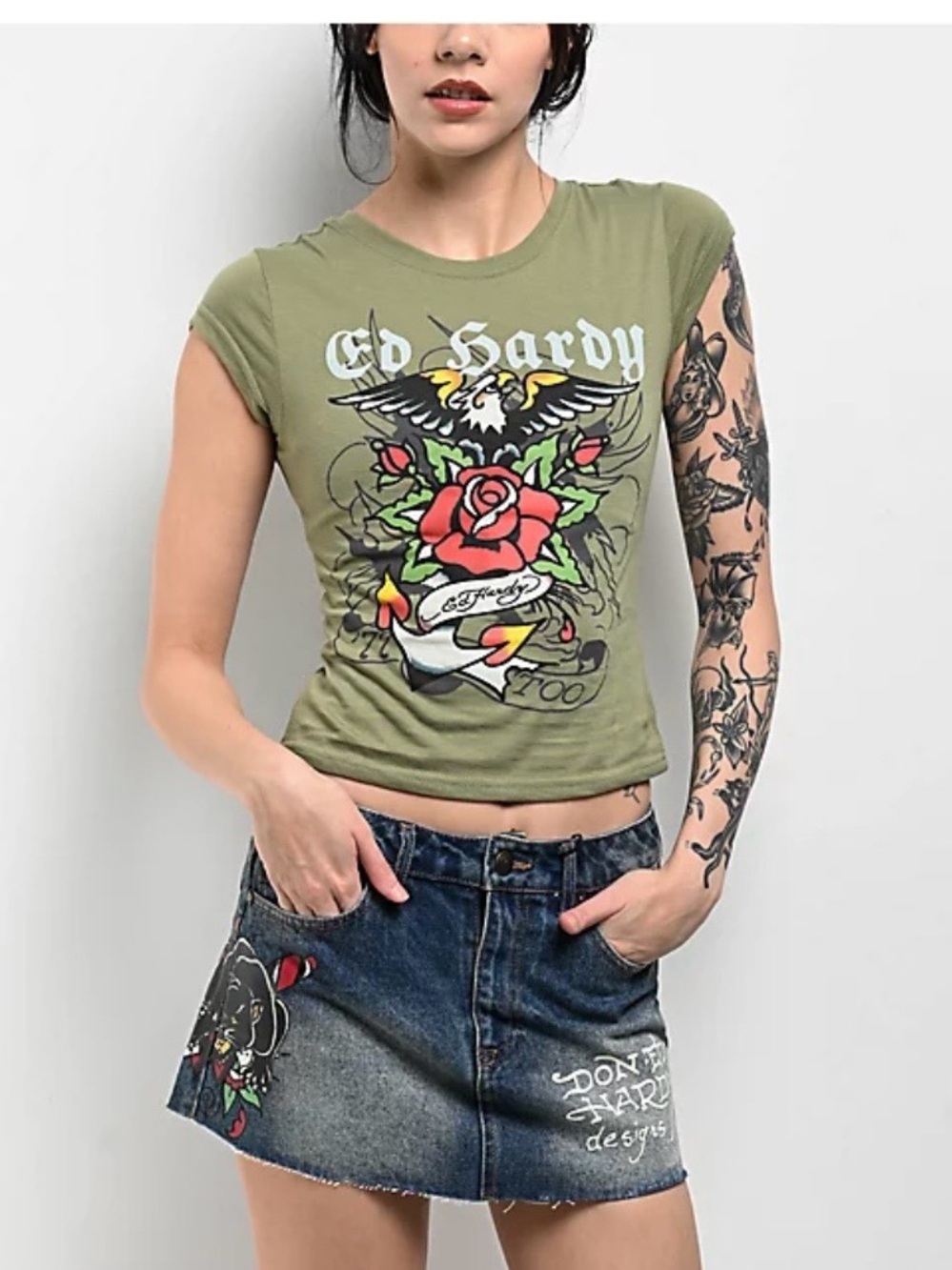 Ed Hardy Rhinestone Anchor Rose Olive T-Shirt